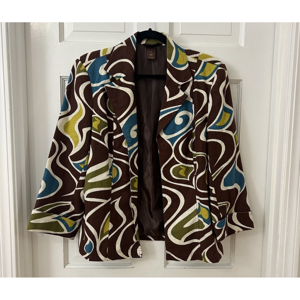 Multiples‎ Mod Retro 70s Brown Notch Lapel Linen Cotton Open Blazer Jacket Sz L